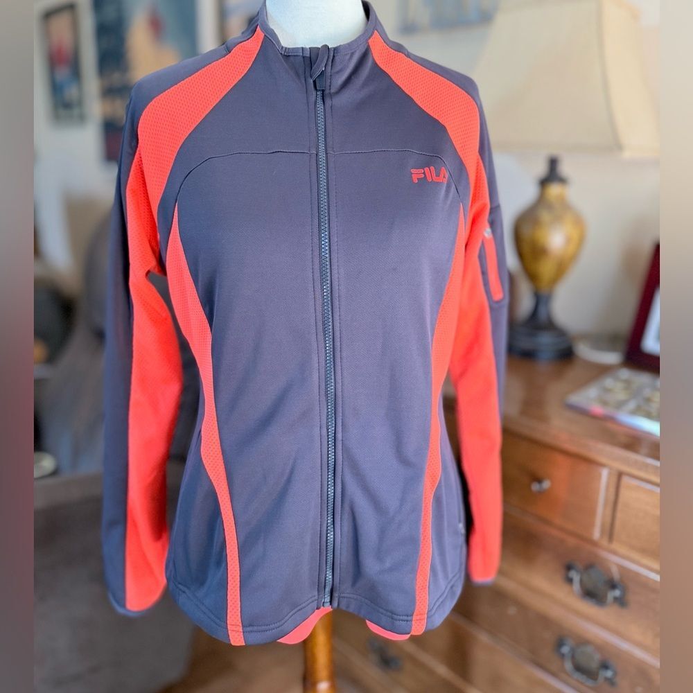 Fila Women's 2 Piece Neon Red Orange and Gray Short Sleeve Top and Jacket - Picture 5 of 13